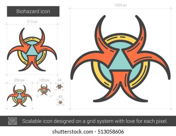 Biohazard vector line icon isolated on white background. Biohazard line icon for infographic, website or app. Scalable icon designed on a grid system.