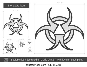 Biohazard vector line icon isolated on white background. Biohazard line icon for infographic, website or app. Scalable icon designed on a grid system.