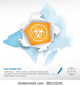 Biohazard vector symbol and breakthrough paper hole with ragged edges on watercolor background