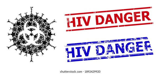 Biorisk-Virus-Sternmosaik und grunge HIV-Gefahr-Siegel Stempel. Rote und blaue Siegel mit Grunge-Textur und HIV-Gefährdung Text. Abstraktes Biogefährdungsvirus-Mosaik wird mit randomisierten Flachsternteilen durchgeführt.