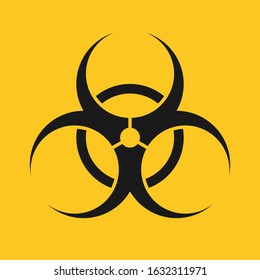 Biohazard warning icon. Medical waste caution symbol. Biological contamination danger label. Influenza virus epidemic sign. Vector illustration image. Isolated on yellow background.
