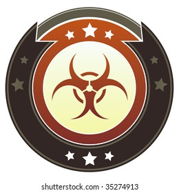 Biohazard warning icon on round red and brown imperial vector button with star accents suitable for use on website, in print and promotional materials, and for advertising.