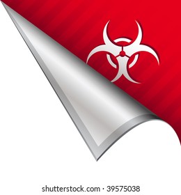 Biohazard warning icon on vector peeled corner tab suitable for use in print, on websites, or in advertising materials.