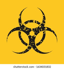 Biohazard warning icon. Toxic waste caution symbol. Biological contamination danger label. Influenza virus epidemic sign. Grunge style logo. Vector illustration image. Isolated on yellow background.