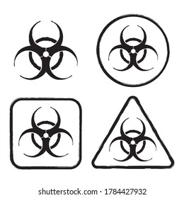Colección de señales de advertencia de peligro biológico. Estilo grunge pintado. Juego de símbolos de advertencia de residuos médicos tóxicos. Logo de la tinta de alerta de contaminación por peligros biológicos tóxicos. Sello o sello de enfermedad viral. Silueta negra.
