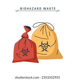 Biohazard waste bag. Red containers with hazard sign. Set of vector medical icons in cartoon or flat style isolated on a white background.