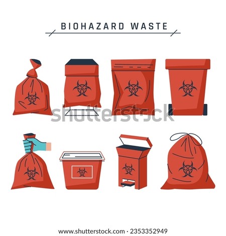 Biohazard waste bag. Red containers with hazard sign. Set of vector medical icons in cartoon or flat style isolated on a white background.