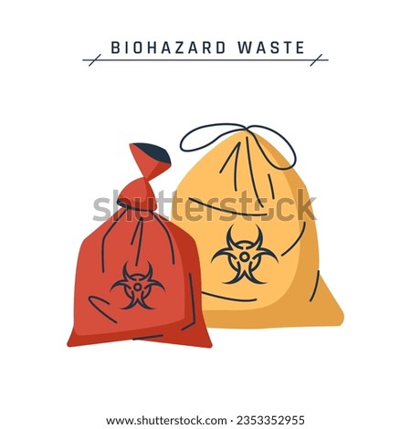 Biohazard waste bag. Red containers with hazard sign. Set of vector medical icons in cartoon or flat style isolated on a white background.