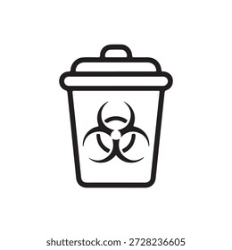 Icono médico de la línea fina del contenedor de la eliminación de residuos de riesgo biológico aislado en el fondo blanco