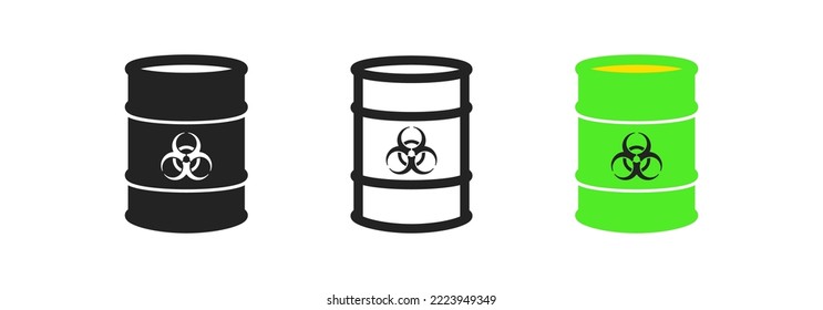 Biohazard waste in metall barrel icon. Viral, environmental pollution danger sign. Toxic, radiation symbol. Colored flat design. Vector illustration.