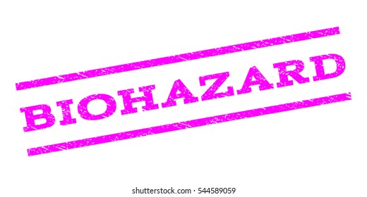 Biohazard watermark stamp. Text caption between parallel lines with grunge design style. Rubber seal stamp with dust texture. Vector magenta color ink imprint on a white background.