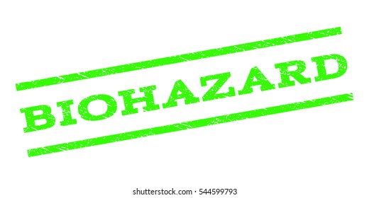 Biohazard watermark stamp. Text caption between parallel lines with grunge design style. Rubber seal stamp with dust texture. Vector light green color ink imprint on a white background.