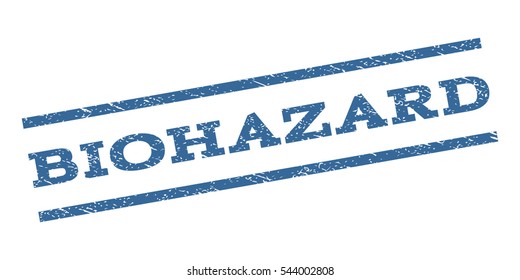 Biohazard watermark stamp. Text tag between parallel lines with grunge design style. Rubber seal stamp with dust texture. Vector cobalt blue color ink imprint on a white background.