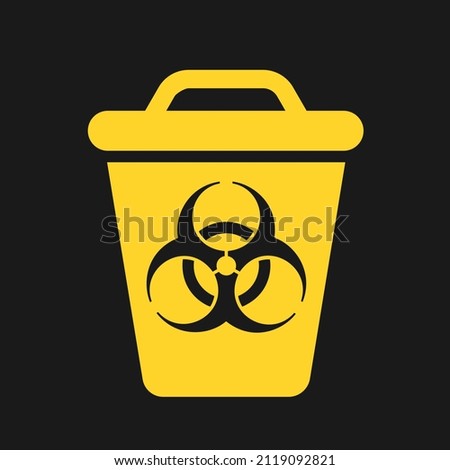 Biohazardous waste - Dustbin and garbage can with symbol of biohazard and biological hazard. Dangerous infectious bio in container. Vector illustration isolated on black.