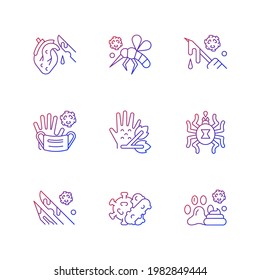 Biohazardous waste gradient linear vector icons set. Spreading viruses biological risk. Animal borne illness. Thin line contour symbols bundle. Isolated vector outline illustrations collection