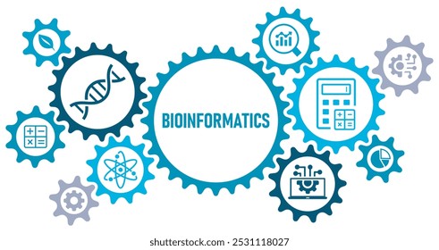 Bioinformatics concept banner web website icons vector illustration with icons of biology, computer science, information engineering, mathematics, statistics, calculator, on white background, solid