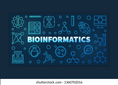 Bioinformatics concept blue outline banner on dark background. Vector linear illustration