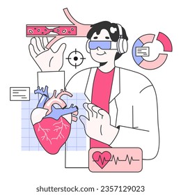 Bioinformatics. Doctor works with virtual reality technology for patient examination, diagnostic and treatment. Metaverse computation and analysis of patient data. Vector flat illustration.