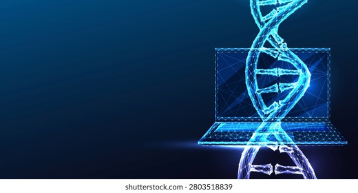 Bioinformatics and genomic data analysis concept, computational biology research. DNA helix with laptop, genome sequencing software, big data biology, cloud genomics platform. Glowing blue vector 