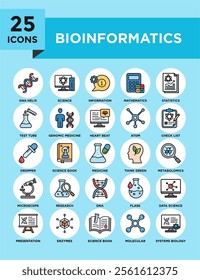 Bioinformatics icon collection set. Containing design dna, technology, bioinformatics, biology, molecular, research, science	