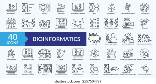 Bioinformatics icon collection set with genomics, proteomics, biological data mining, metabolic pathway analysis, biological simulation
