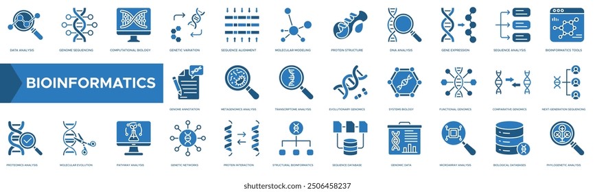 Bioinformatics icon. Data Analysis, Genome Sequencing, Computational Biology, Genetic Variation and Sequence Alignment