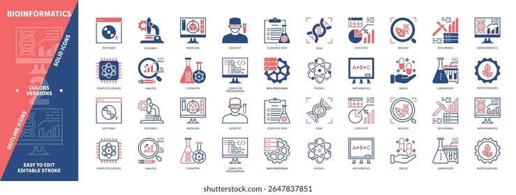 Conjunto de ícones de bioinformática. Ciência da Computação, Biologia, Química, Drogas, Estatística, Laboratório, Pesquisa, Programação de Computação. Ícones de contorno sólido e editável de cor duotônica