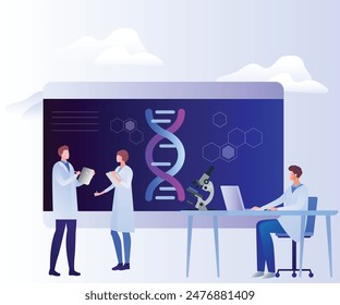 Bioinformatics laboratory research Science genetic laboratory concept. Multiethnic male and female scientist team with dna helix sign. Lab equipment. Laptop on desk.