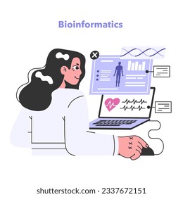 Bioinformatics. IT medical service, computation and analysis of bio data. Methods and software tools for understanding biological data. Vector flat illustration.