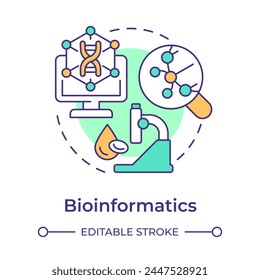 Bioinformatics multi color concept icon. Software for analysing biological data. DNA analysis. Round shape line illustration. Abstract idea. Graphic design. Easy to use in presentation