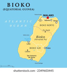 Bioko, island off the coast of Africa, political map. Historically Fernando Po, the northernmost part of Equatorial Guinea, with capital Malabo. Part of the Cameroon line, a chain of volcanic islands.