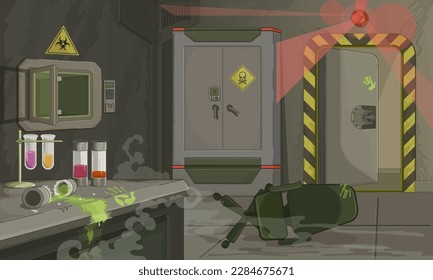 Biolab room. Infection, biohazard, virus leak. An emergency, an alarm in the research laboratory. Broken virus container. Safety violation. Poison storage room. Sci-fi. Vector cartoon illustration.