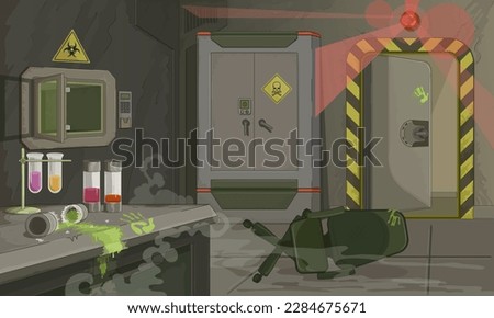 Biolab room. Infection, biohazard, virus leak. An emergency, an alarm in the research laboratory. Broken virus container. Safety violation. Poison storage room. Sci-fi. Vector cartoon illustration.