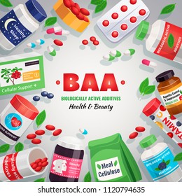 Biological active additives colorful background framing of blister packs and jars with medication for health and beauty vector illustration