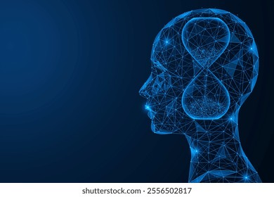 Biological age, an hourglass in a person's head. Polygonal design of interconnected elements. Blue background.