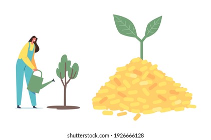 Biological Alternative Fuel Industry, Bio Coal Producing Business. Tiny Female Character Watering Green Tree at Huge Pile of Wooden Pellets with Growing Sprout on Top. Cartoon Vector Illustration