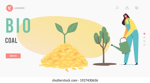 Biological Alternative Fuel Industry, Bio Coal Producing Landing Page Template. Tiny Female Character Watering Green Tree at Huge Pile of Wood Pellets with Growing Sprout. Cartoon Vector Illustration