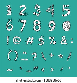 Biological bacteria font with microbes and germs. Unique hand drawn figures and punctuation marks for microbiology design. Vector illustration in black and white colors on green background.