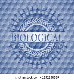 Biological blue emblem or badge with geometric pattern background.