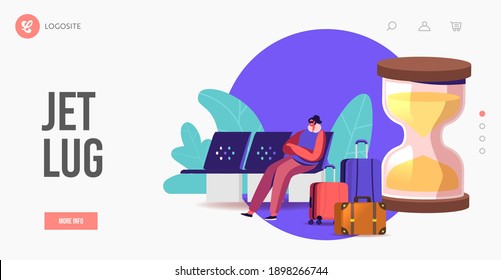 Biological Clock Change,Time Zone Jet Lag Landing Page Template. Traveler Character in Airport Waiting Area with Mask on Eyes Trying to Sleep at Huge Hourglass and Baggage. Cartoon Vector Illustration