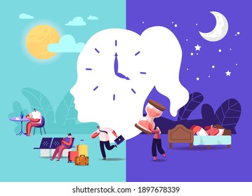 Biological Clock Concept. Male and Female Characters Follow their Body Rhythm, Insomnia, Traveler in Airport, Man Late at Work. Healthy Sleeping, Night Dream. Cartoon People Vector Illustration