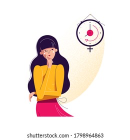 Biological clock concept. Woman looking at watch as symbol of biological life countdown. Feminine reproductive and fertility level decreasing with time, vector illustration in modern flat design