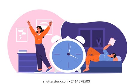 Biological clock concept. Woman wake up in morning and read book before sleep. Day and evening rest and leisure. Body rhythms. Cartoon flat vector illustration isolated on white background