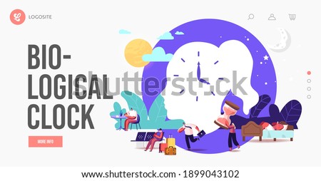 Biological Clock, Jet Lag Landing Page Template. Characters Follow their Body Rhythm, Insomnia, Traveler in Airport, Man Late at Work. Healthy Sleeping, Night Dream. Cartoon People Vector Illustration