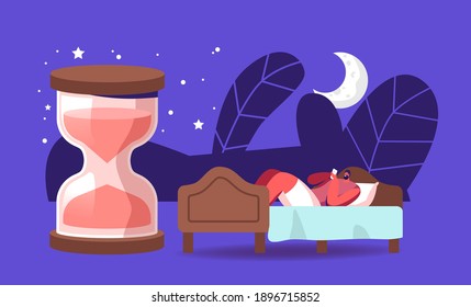 Biological Clock, Night Dream, Nap, Bedding Time. Young Man Suffer of Insomnia can not Sleeping. Male Character Relaxing Lying at Apartment with Huge Hourglass after Work. Cartoon Vector Illustration