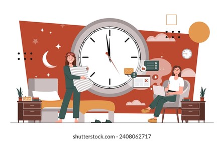 Biological clock time concept. Two women near big clock at night. Correct regime and healthy lifestyle. Biology and anatomy. Medical infographics. Cartoon flat vector illustration