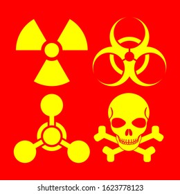 Biological contamination icon yellow isolated on red background. Biohazard symbol