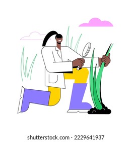 Biological control of plant disease isolated cartoon vector illustrations. Farmer with a magnifying glass looks at the plants, modern agriculture, organic farming industry vector cartoon.
