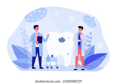 Biological dentists treating tooth pain vector illustration. Scientists studying how teeth cavity and problems of mouth affecting body health. Dental care, health care, medicine concept