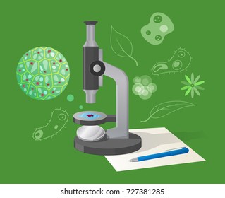 Biological examination isolated vector illustration on green background. Cartoon style microscope and ballpoint pen on white sheet of paper